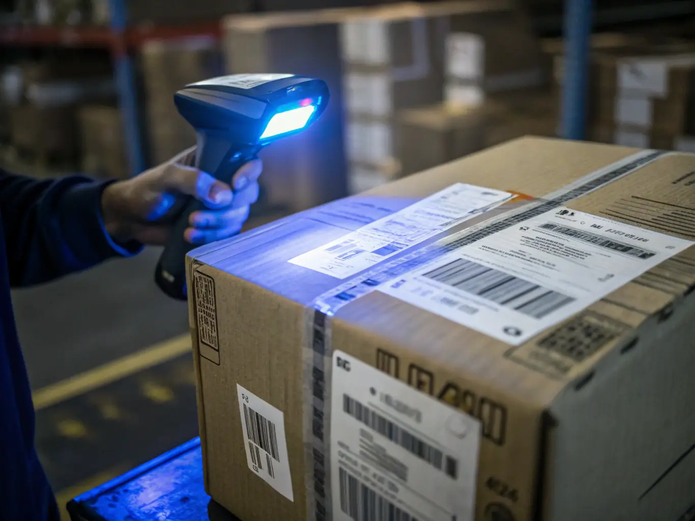An HRC Logistics driver using a handheld device to scan a package, showcasing the company's use of technology for tracking and efficiency.