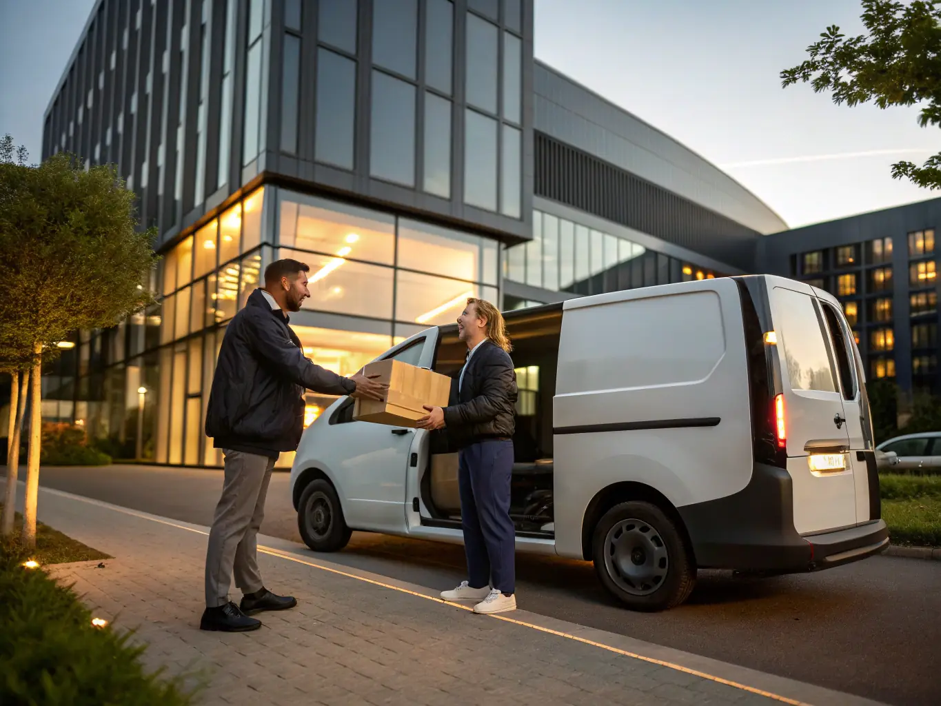 A delivery van with the HRC Logistics branding making a delivery at a customer's doorstep, with a focus on speed and professionalism.